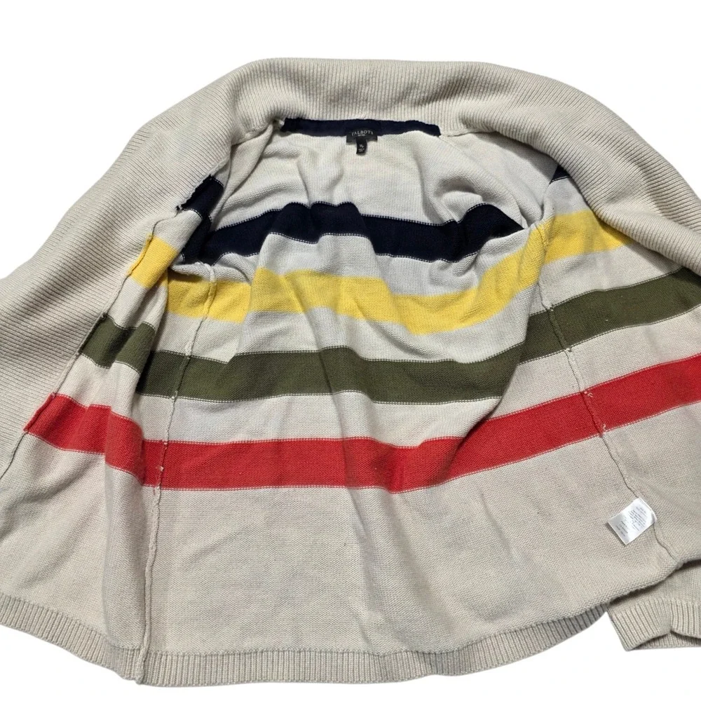 Talbots Striped Shawl Collar Cardigan Sweater Beige Navy Yellow Green Red ‎ MP